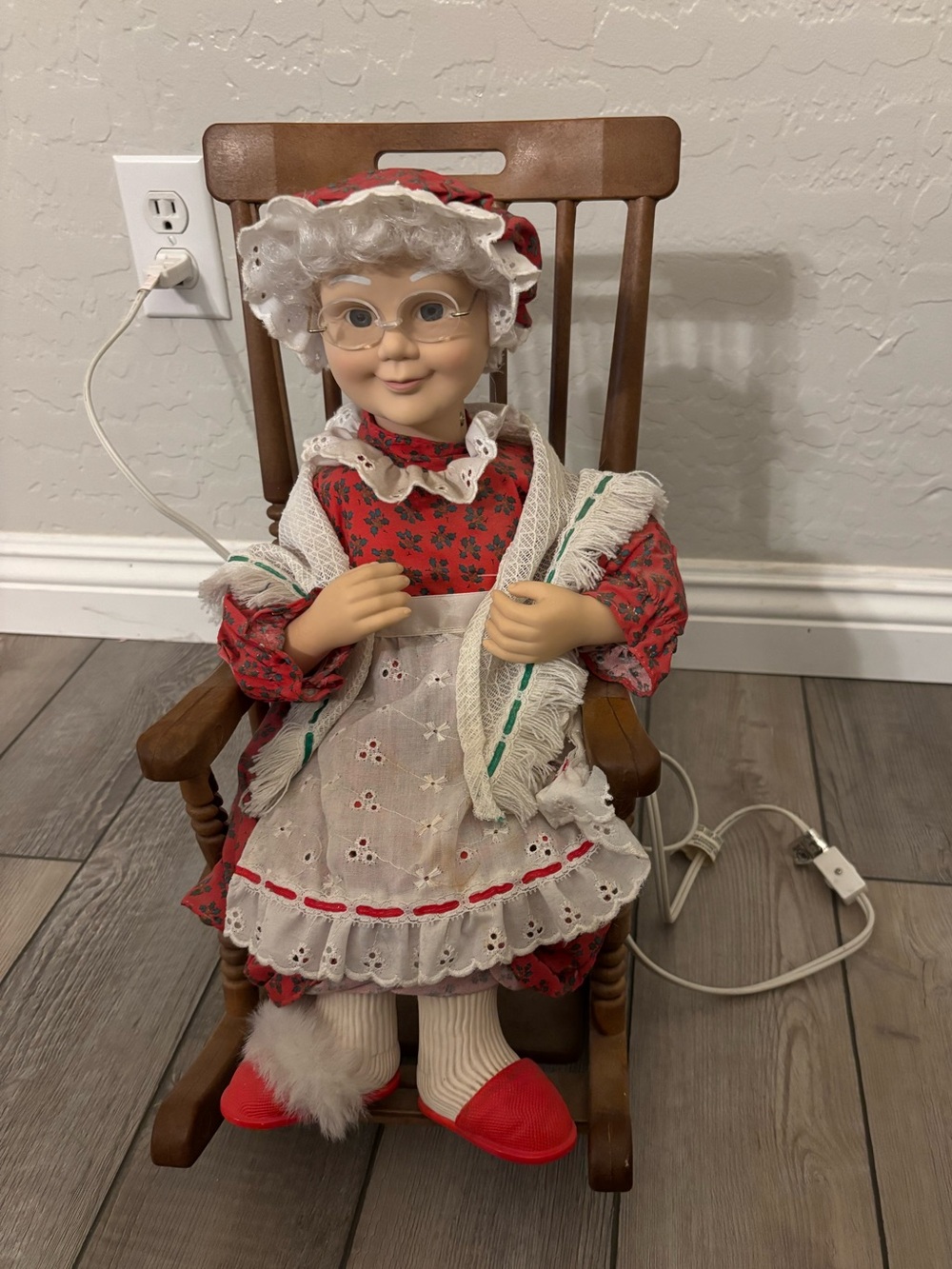 Vintage Animated Mrs. Claus Motion-Ette Figure Miniature Wooden Rocking Chair